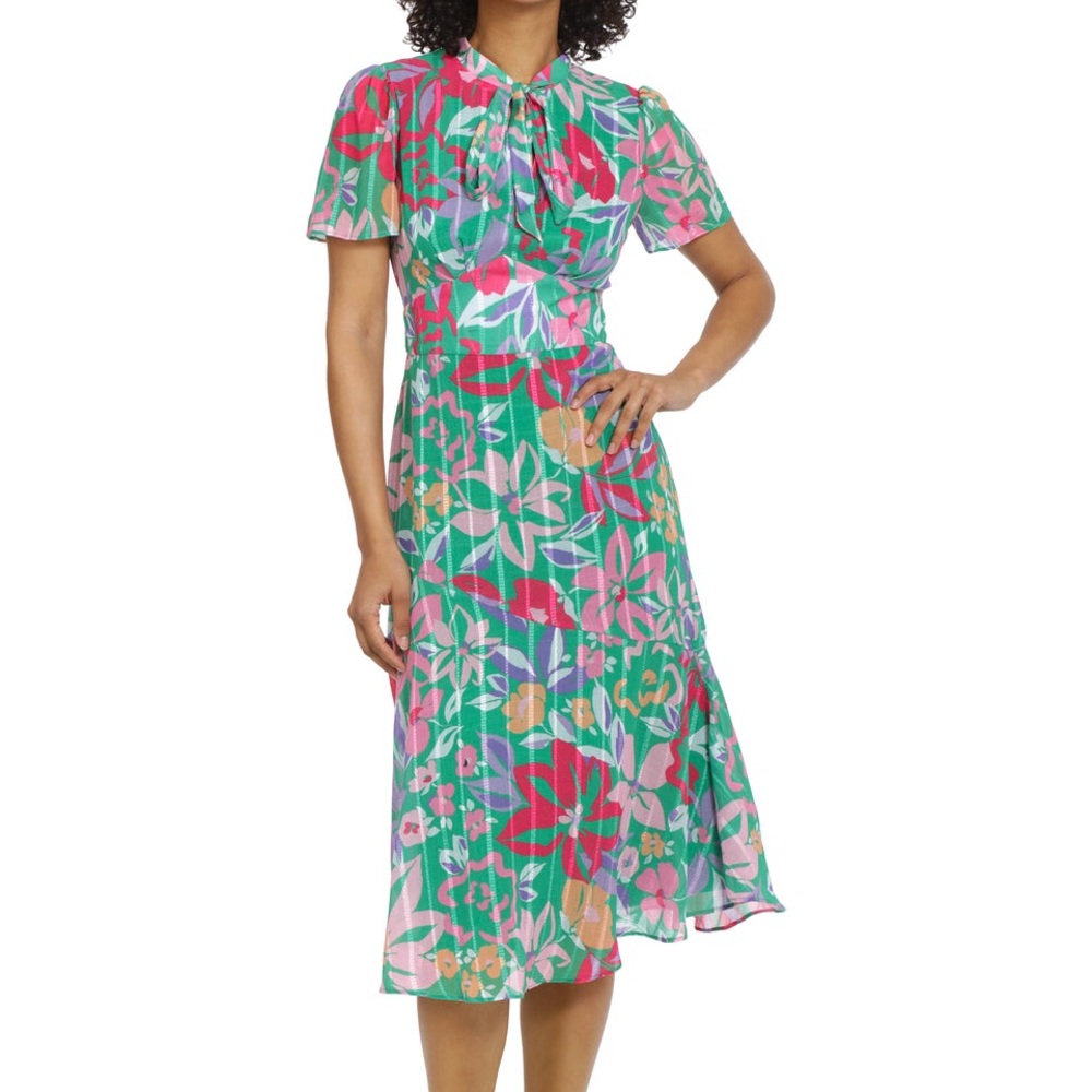 Maggy London | Dresses | Maggy London Green Pink Floral Short Sleeve Neck  Tie Modest Midi Sandra Dress | Poshmark